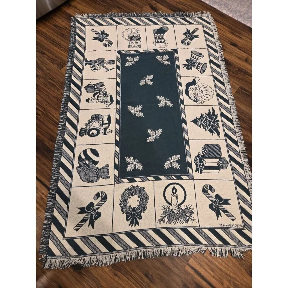Vtg Christmas Woven Tapestry Throw Blanket With Fringes Reversible 47x71